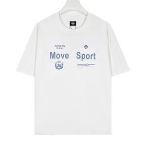 White Short-Sleeved T-Shirt With Blue Letter Print Descente